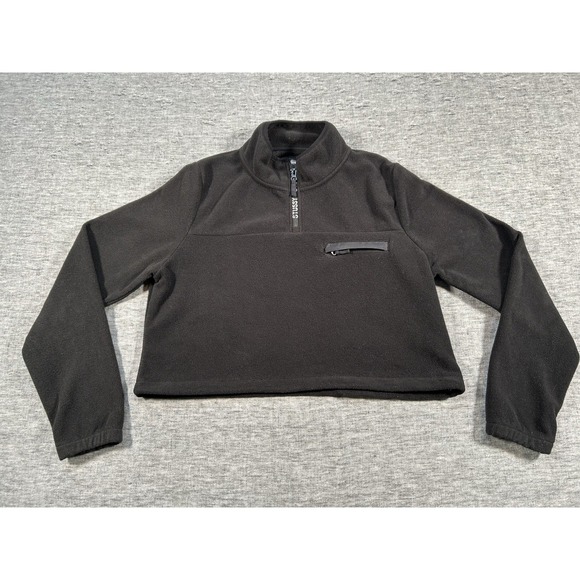 Stussy Cropped Fleece Sweater Womens Medium Black 1/4 Pullover Chest Zip Pocket - Picture 1 of 9